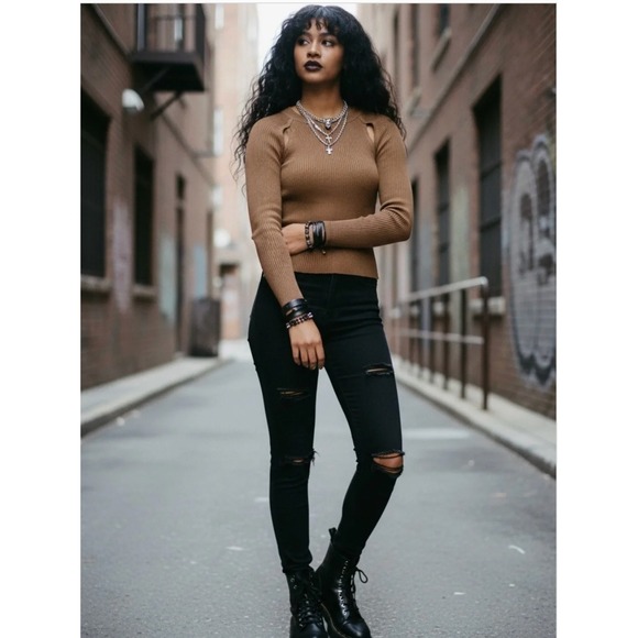 The Fifth Label Sweaters - The Fifth Label Women's Cut Out Ribbed Knit Cut Out Sweater XS Dark Tan
